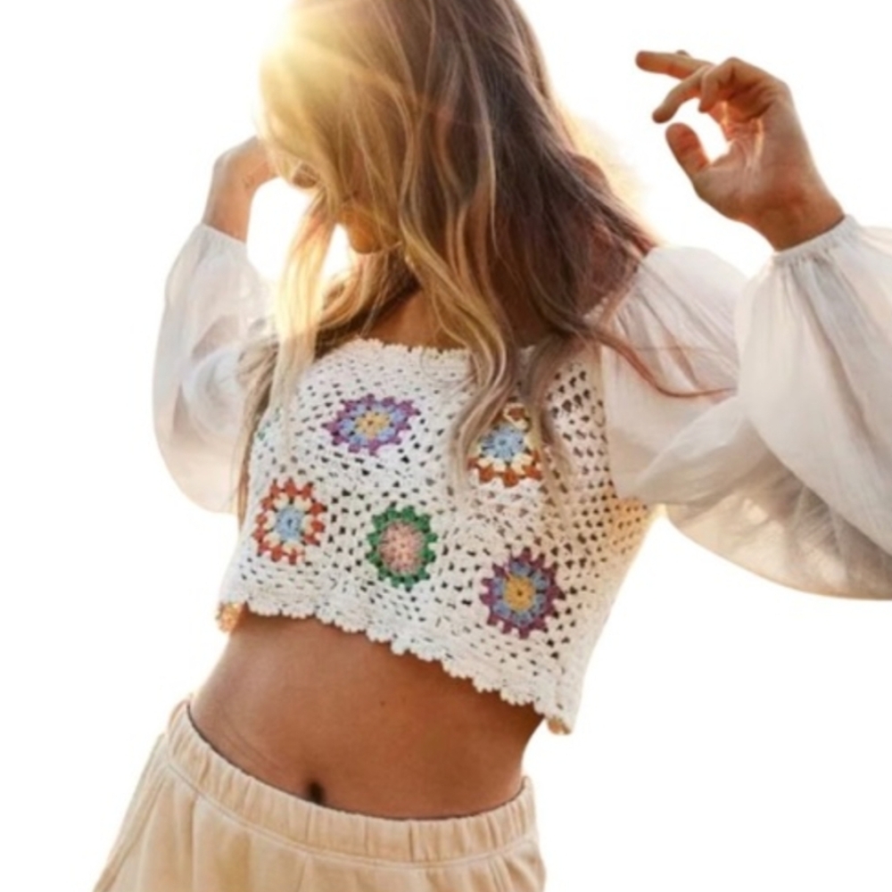 Aerie Crochet Granny Square Balloon Sleeve Crop Top XS